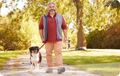 Photograph of a man walking his dog on a park path on a beautiful day. Photograph of a man walking his dog on a park path on a beautiful day.